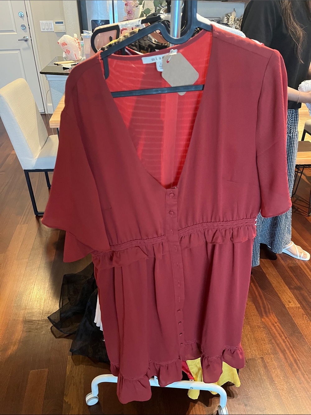 miami Deep Red V-Neck Ruffle Button Front Tunic